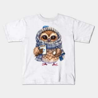 Chibi Owl Drinking Hot Chocolate Cute Baby Christmas Scarf Beanie Kids T-Shirt